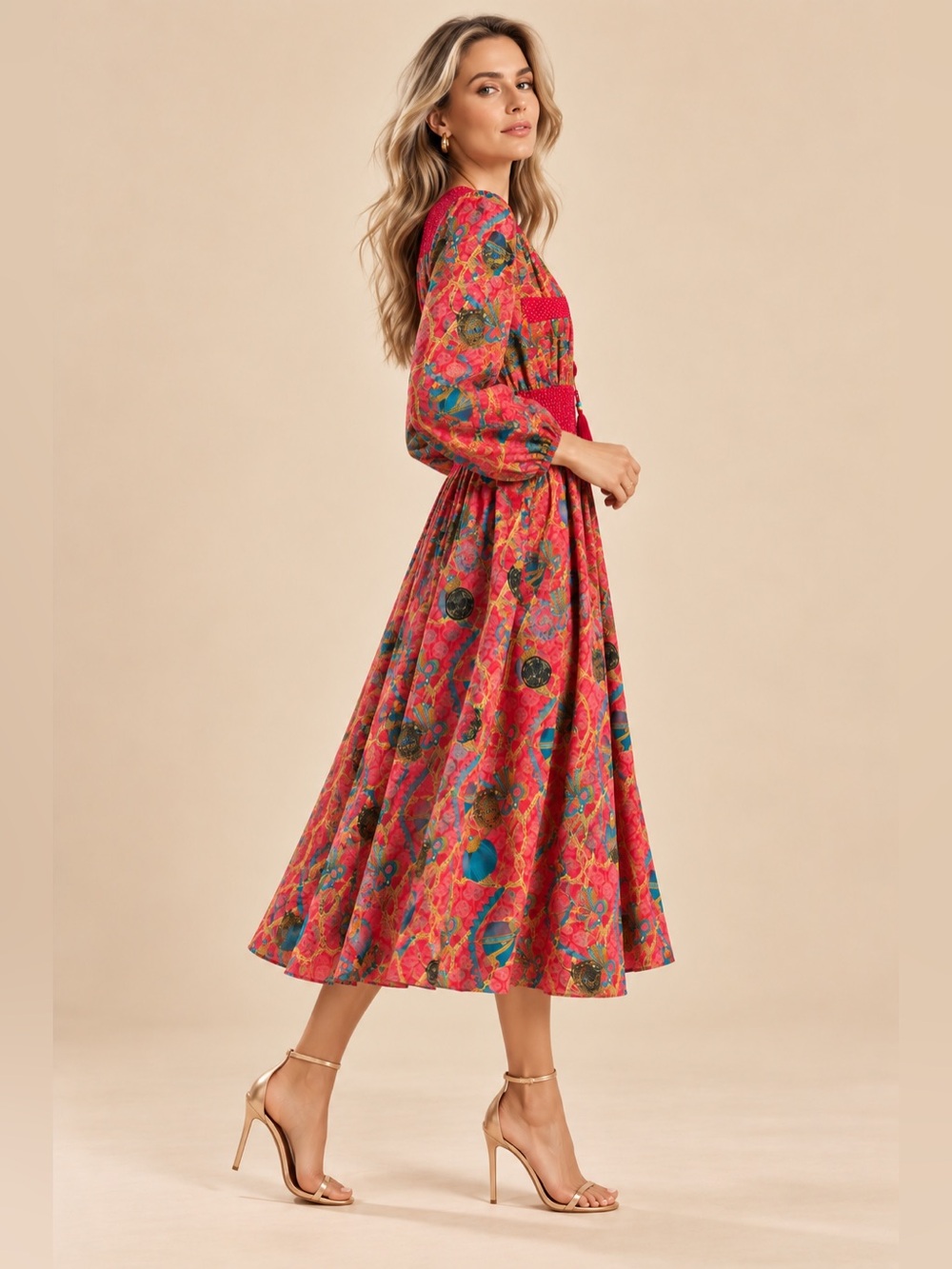 Vintage Diane Freis Petites Georgette Fall Maxi Dress Chain Tassel Floral Print - Picture 4 of 10